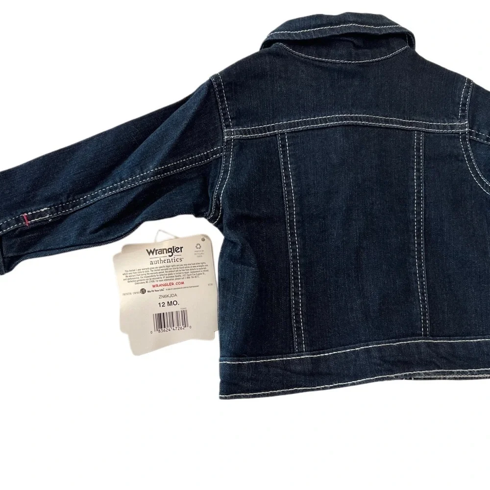 (NWT) Wrangler Kids Denim Jacket Dark Blue w/ Pink Details | Baby Girl 12 Months